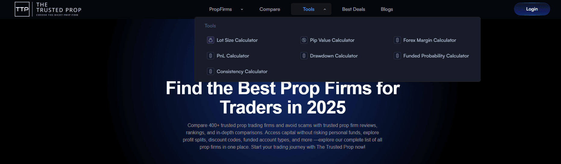 The Trusted Prop offers free trading calculation tools like Pip value calculator, Lot Size Calculator, and more.